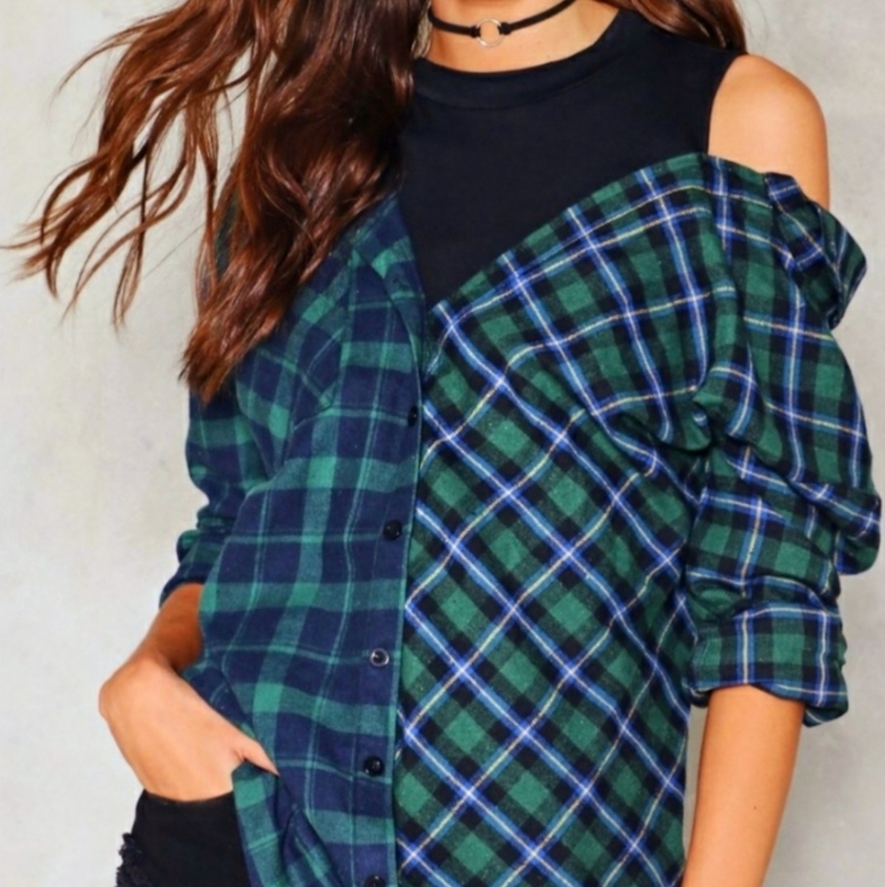 New NASTY GAL 2 in 1 Spliced Plaid Flannel Check Shirt Dress S Y2K - Picture 1 of 4